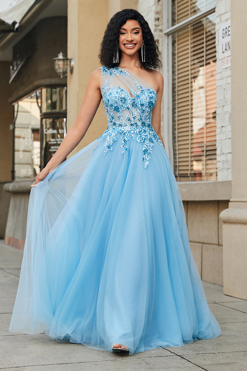 ZAPAKA Women Light Blue Prom Dress A-Line One Shoulder Sequin Party Dress  with Appliques