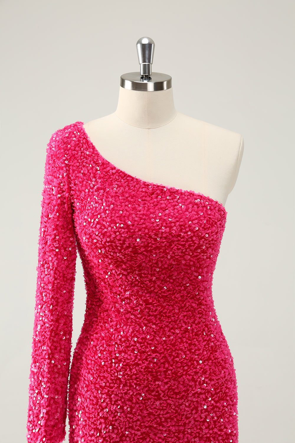 Hot Pink One Shoulder Glitter Sequins Homecoming Dress with Slit