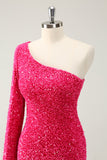 Hot Pink One Shoulder Glitter Sequins Homecoming Dress with Slit