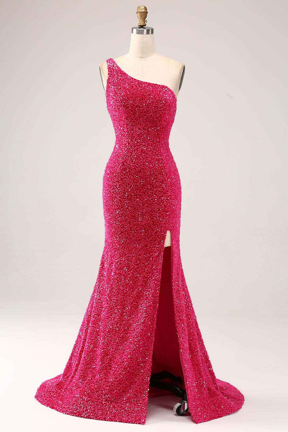 Sparkly Fuchsia Mermaid One Shoulder Long Sequin Prom Dress with Slit