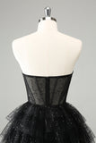 Sparkly Black Strapless Tiered Corset Short Homecoming Dress