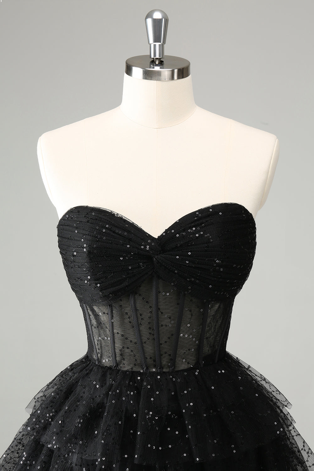 Sparkly Black Strapless Tiered Corset Short Homecoming Dress