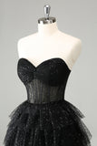 Sparkly Black Strapless Tiered Corset Short Homecoming Dress