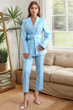 Blue 2 Piece Peak Lapel Women's Suits with Belt