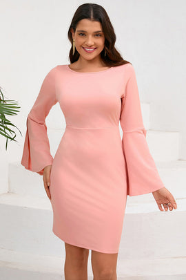 Bodycon Pink Round Neck Midi Cocktail Dress with Long Sleeves