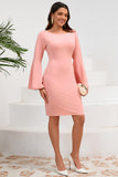 Bodycon Pink Round Neck Midi Cocktail Dress with Long Sleeves