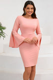 Bodycon Pink Round Neck Midi Cocktail Dress with Long Sleeves