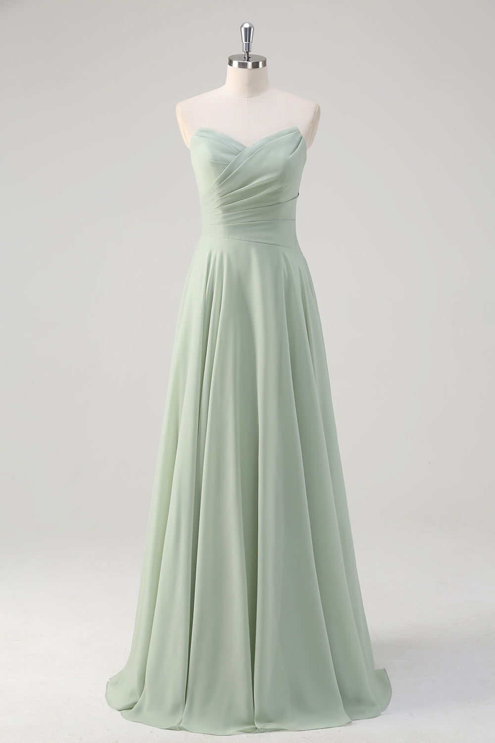 A-Line Matcha Ruched Sweetheart Chiffon Long Bridesmaid Dress