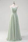 A-Line Matcha Ruched Sweetheart Chiffon Long Bridesmaid Dress