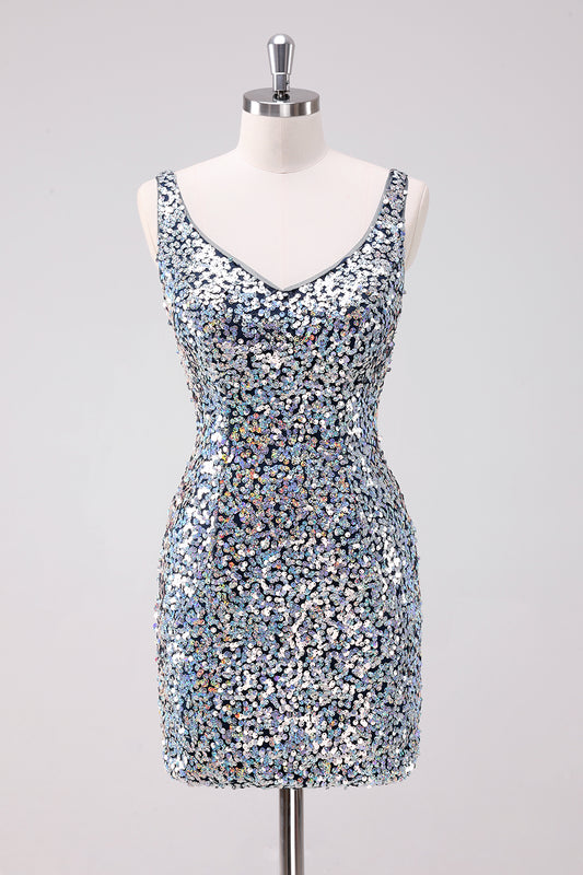 Sparkly Silver V-Neck Tight Short Homecoming Dress