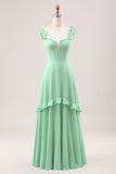 Green A Line Off The Shoulder Corset Bridesmaid Dress With Ruffles