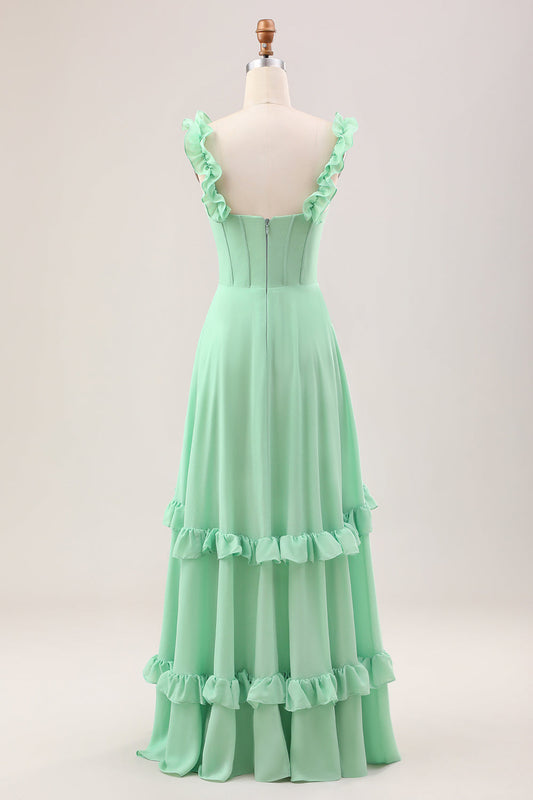 Green A Line Off The Shoulder Corset Bridesmaid Dress With Ruffles