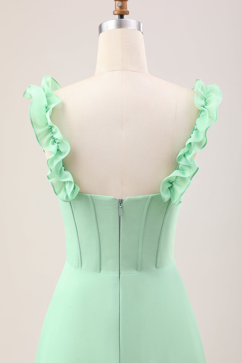 Green A Line Off The Shoulder Corset Bridesmaid Dress With Ruffles