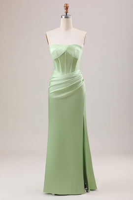 Green Sheath Corset Strapless Long Bridesmaid Dress With Slit