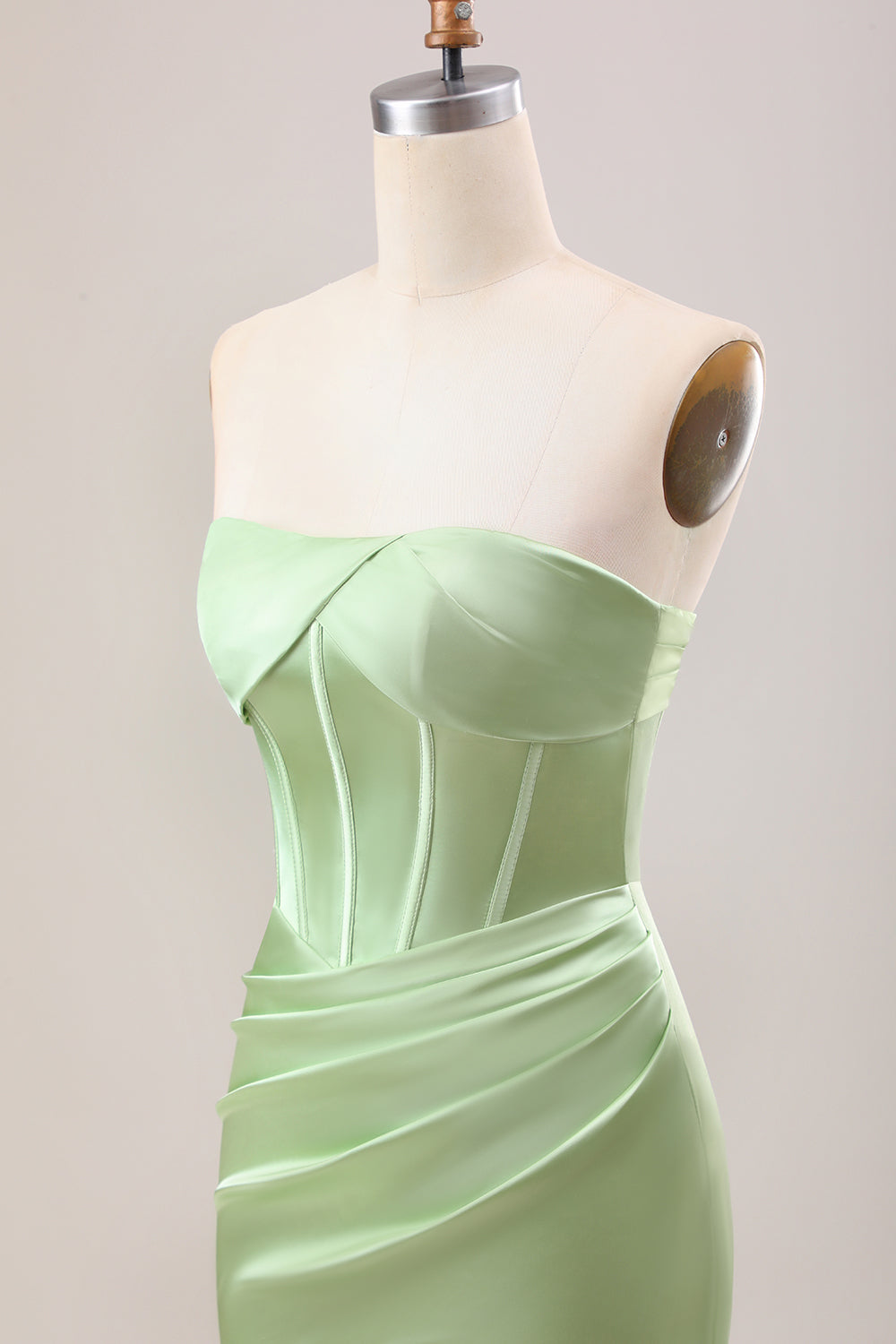 Green Sheath Corset Strapless Long Bridesmaid Dress With Slit