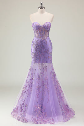 Sparkly Purple Trumpet Applique Sweetheart Prom Dress