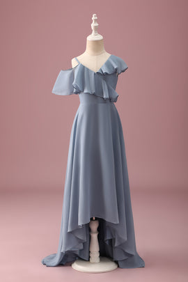 Dusty Blue High-Low Chiffon Junior Bridesmaid Dress with Ruffles