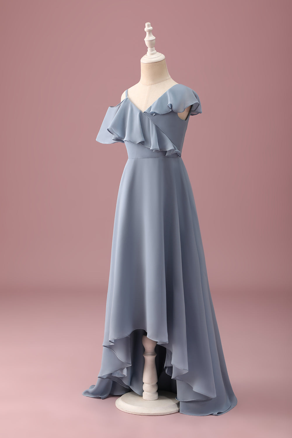 Dusty Blue High-Low Chiffon Junior Bridesmaid Dress with Ruffles