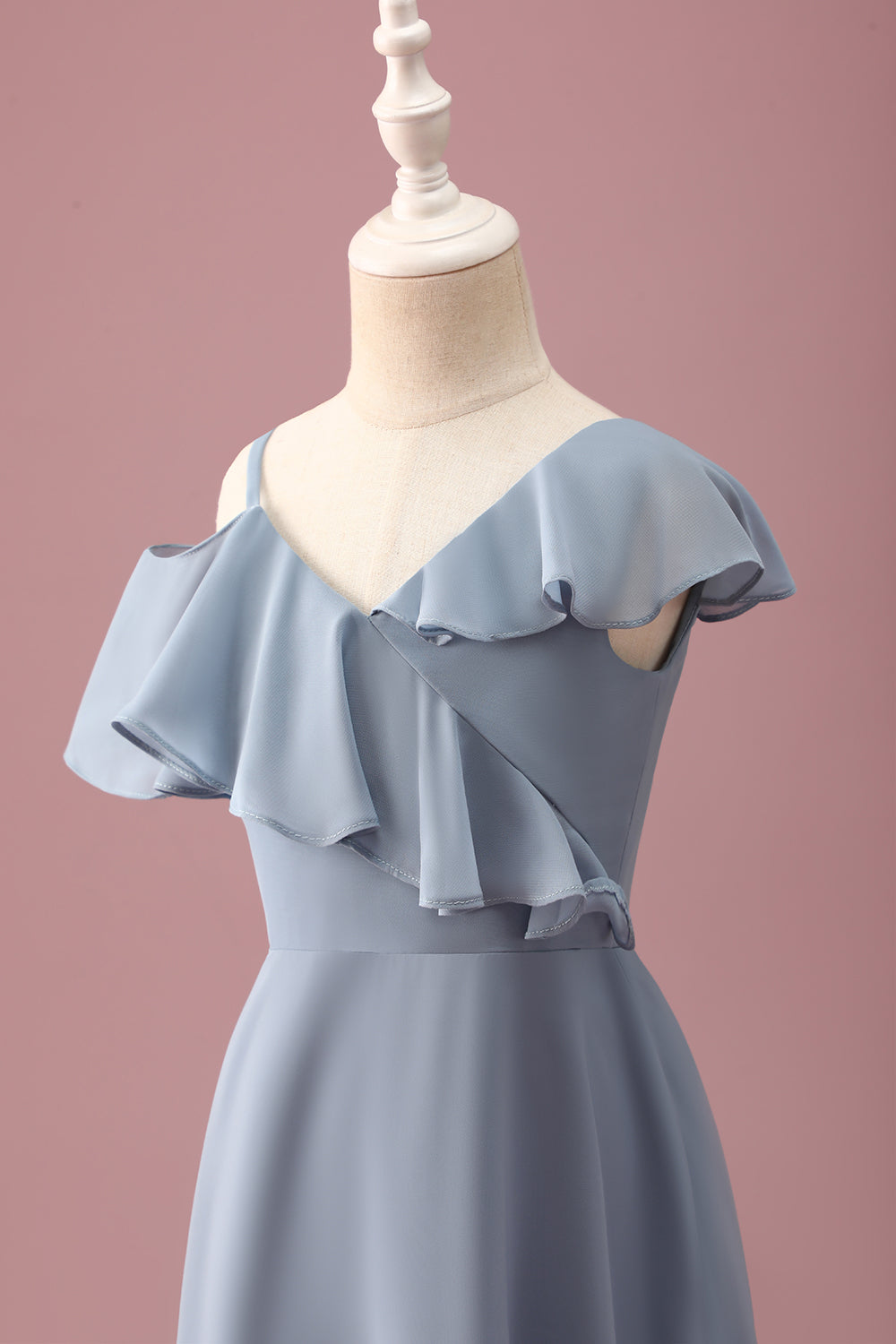 Dusty Blue High-Low Chiffon Junior Bridesmaid Dress with Ruffles