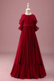 Burgundy A-Line Junior Bridesmaid Dress with Ruffles