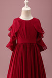 Burgundy A-Line Junior Bridesmaid Dress with Ruffles