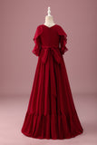 Burgundy A-Line Junior Bridesmaid Dress with Ruffles