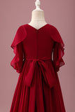 Burgundy A-Line Junior Bridesmaid Dress with Ruffles