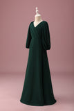 Dark Green A-Line Junior Bridesmaid Dress with Long Sleeves