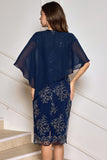 Navy Floral Chiffon Mother Dress with Cape