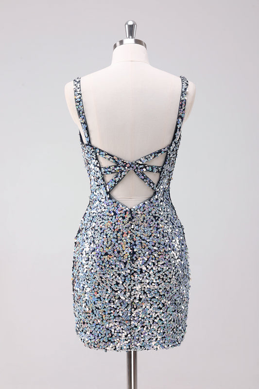 Sparkly Silver V-Neck Tight Short Homecoming Dress