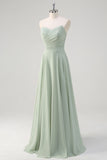 A-Line Matcha Ruched Sweetheart Chiffon Long Bridesmaid Dress