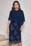 Navy Floral Sequined Mother Dress with Cape