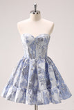 Fluffy Blue Corset Strapless Floral Short Homecoming Dress