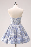 Fluffy Blue Corset Strapless Floral Short Homecoming Dress