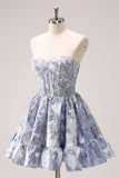 Fluffy Blue Corset Strapless Floral Short Homecoming Dress