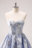 Fluffy Blue Corset Strapless Floral Short Homecoming Dress