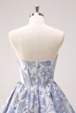 Fluffy Blue Corset Strapless Floral Short Homecoming Dress