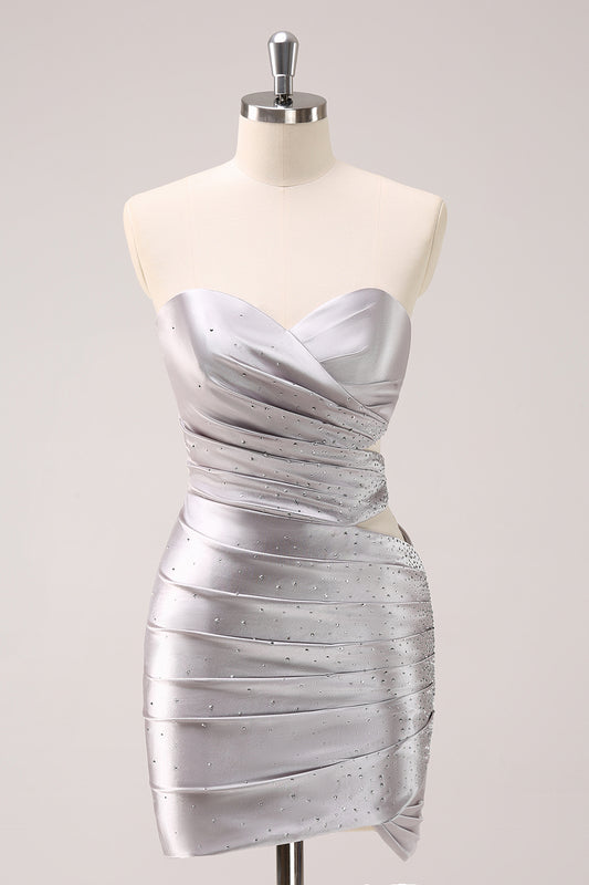 Sparkly Strapless Grey Beaded Short Tight Homecoming Dress