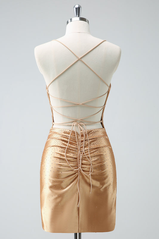 Golden Spaghetti Straps Tight Short Homecoming Dress with Beadings