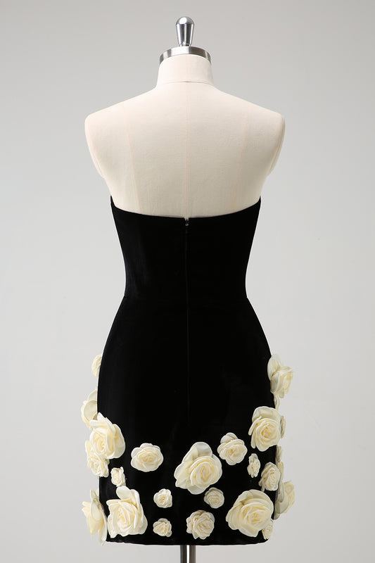 Black Strapless Tight Short Homecoming Dress with 3D Flowers