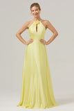 Halter Yellow A Line Cut Out Long Bridesmaid Dress with Flower