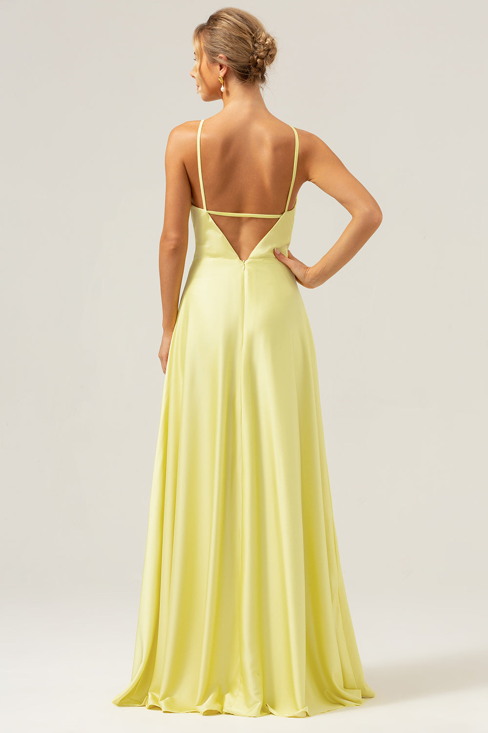 Halter Yellow A Line Cut Out Long Bridesmaid Dress with Flower