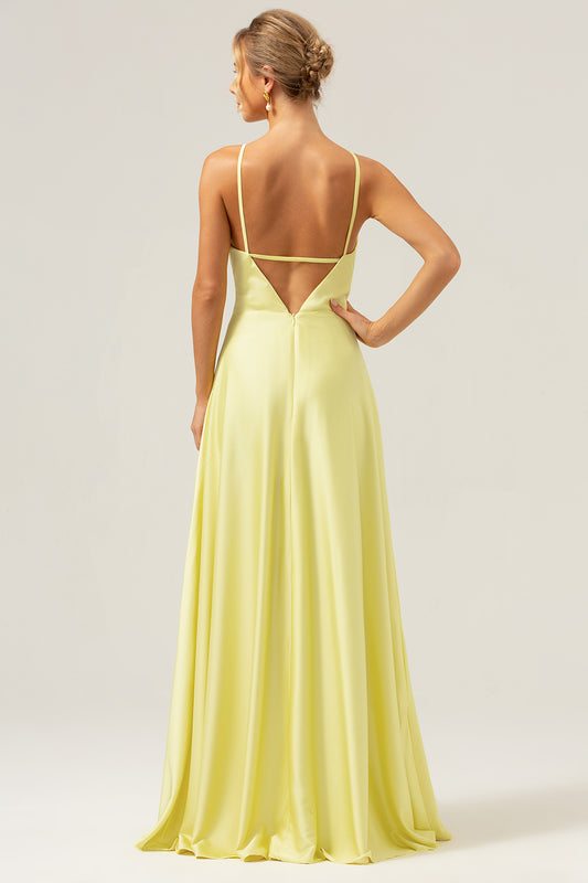 Halter Yellow A Line Cut Out Long Bridesmaid Dress with Flower