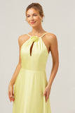 Halter Yellow A Line Cut Out Long Bridesmaid Dress with Flower