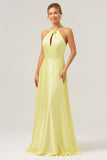 Halter Yellow A Line Cut Out Long Bridesmaid Dress with Flower