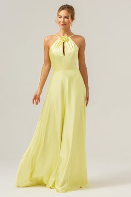 Halter Yellow A Line Cut Out Long Bridesmaid Dress with Flower