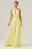 Halter Yellow A Line Cut Out Long Bridesmaid Dress with Flower