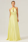 Halter Yellow A Line Cut Out Long Bridesmaid Dress with Flower