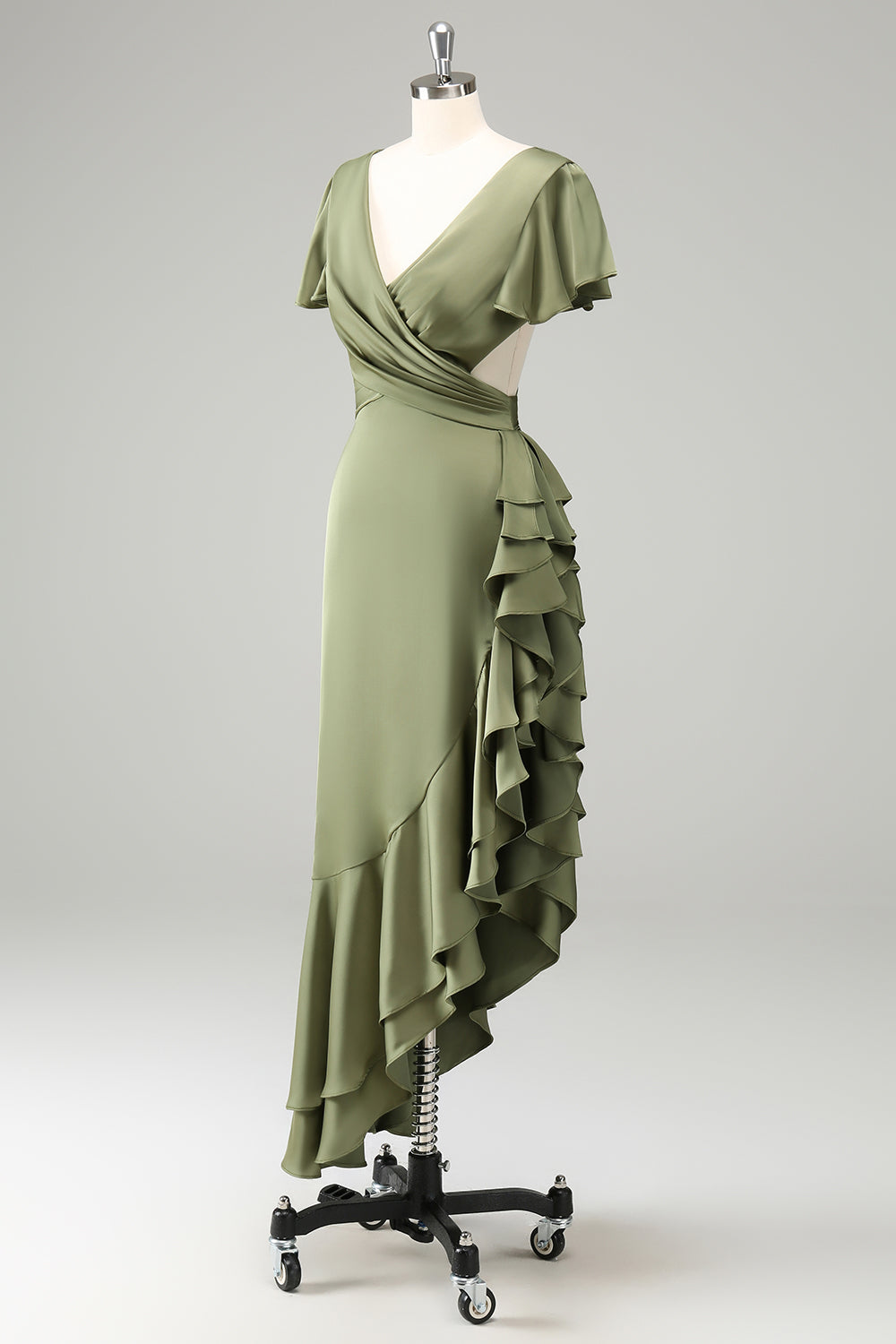 Olive V Neck Satin Sheath Wedding Guest Dress with Ruffles