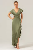 Olive V Neck Backless Sheath Wedding Guest Dress with Ruffles